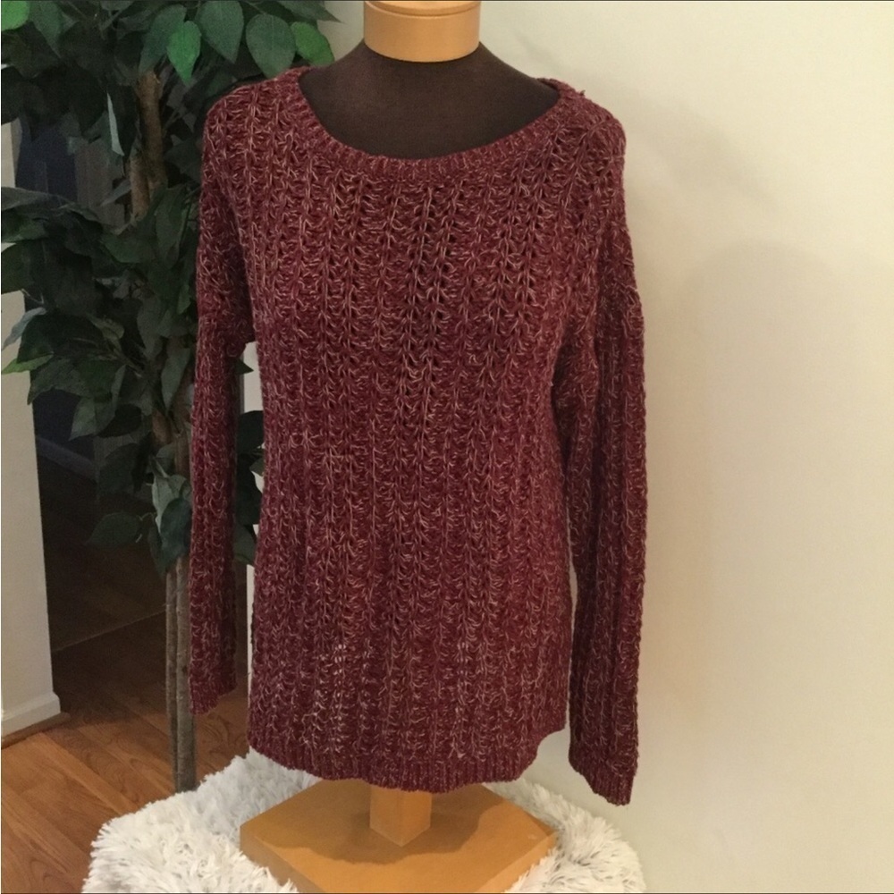 Loft sweater Womans Large maroon with white stitching open knit long sleeve